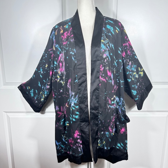 Melissa McCarthy Seven7 Black Confetti Cosmic Satin Trim Topper Kimono XL NWT - Picture 1 of 12